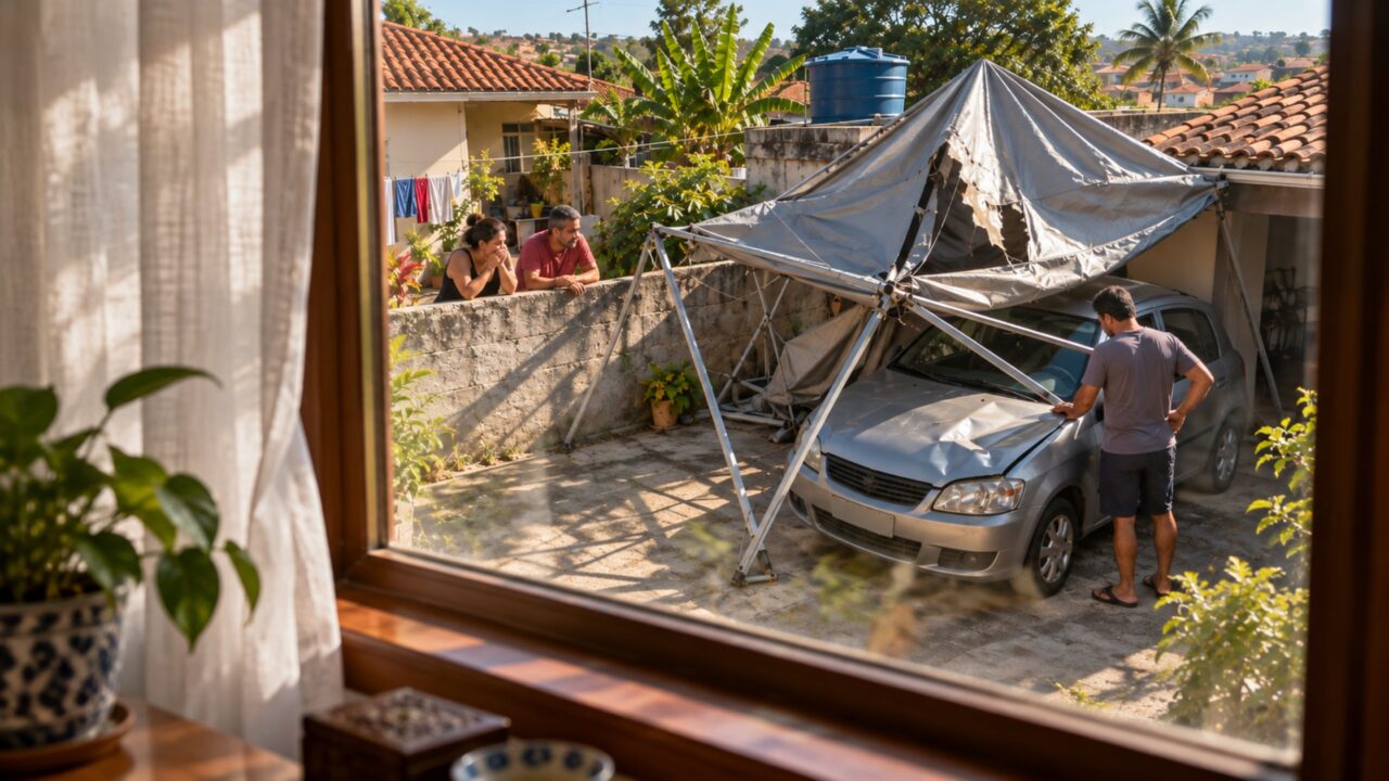 Família monta uma cobertura desmontável no quintal e o vizinho cobra o conserto do carro depois que uma rajada leva a estrutura para sua garagem