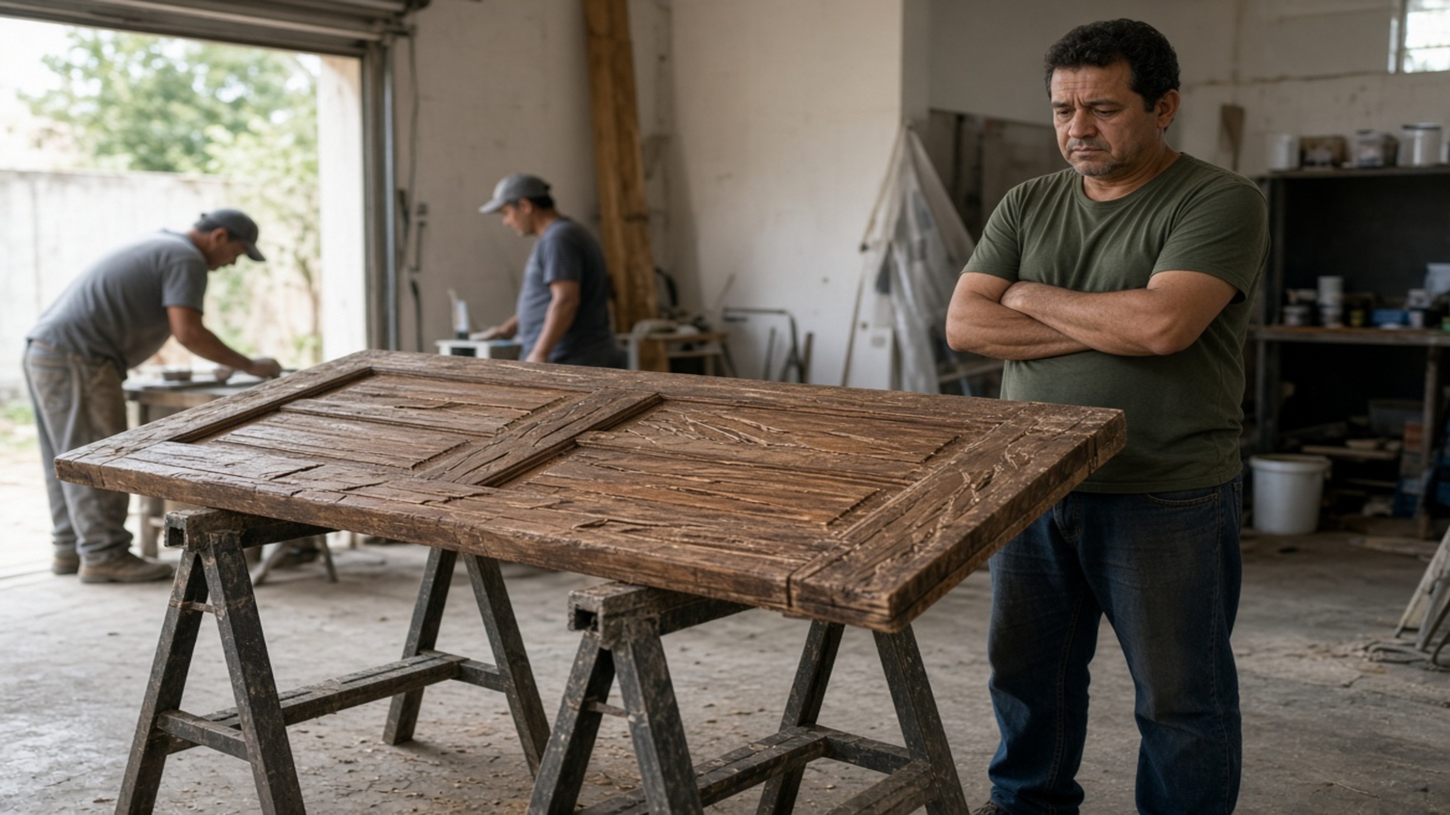 Família retira uma porta de madeira maciça para restaurá-la e encontra cortes profundos na peça depois que os trabalhadores a utilizam como bancada durante a reforma