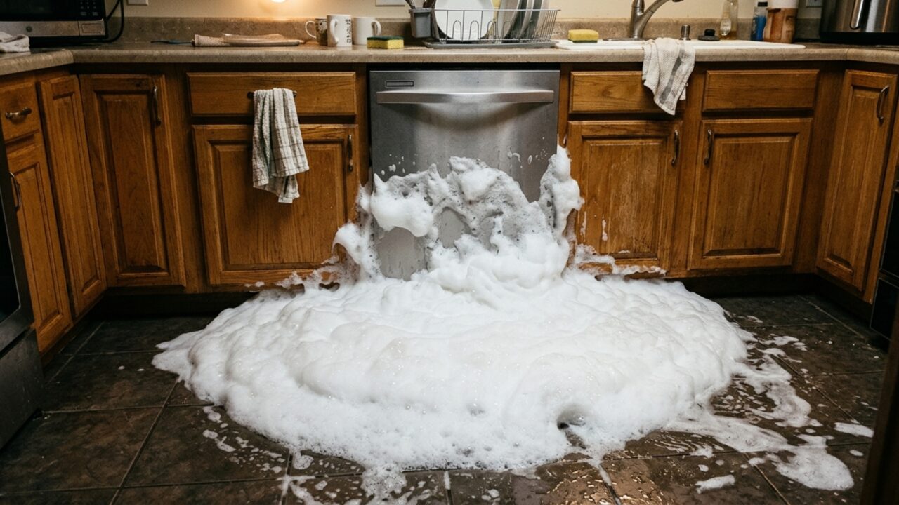Família substitui a pastilha da lava-louças pelo detergente da pia e encontra espuma saindo da máquina antes de terminar o primeiro ciclo