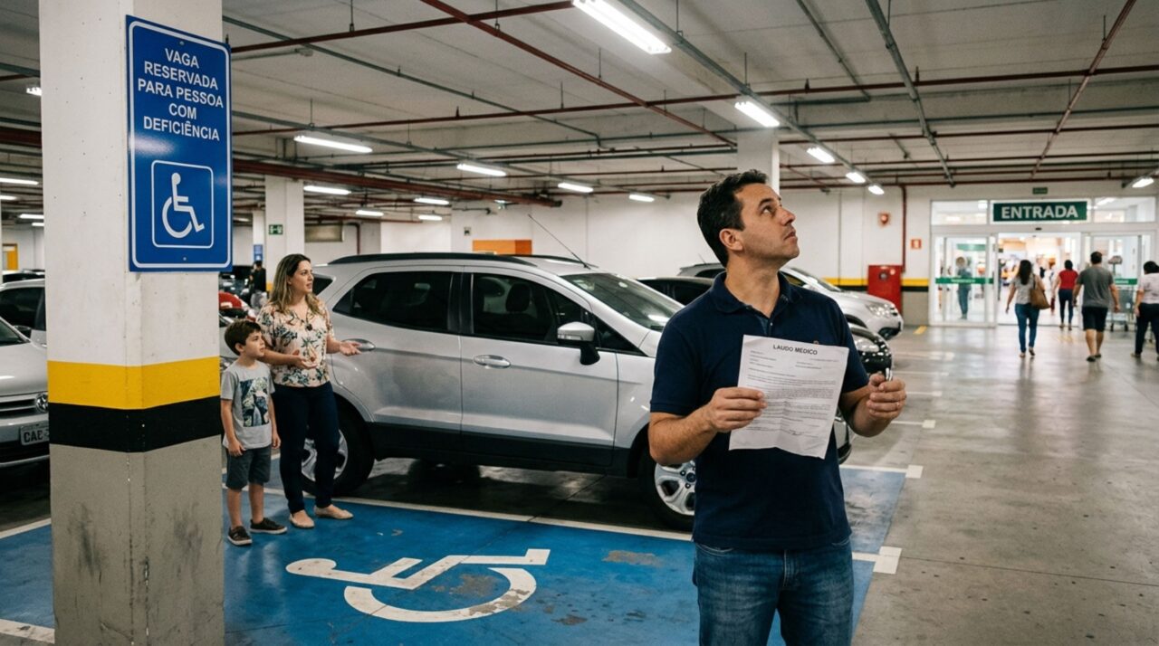 Casal leva o filho com deficiência ao shopping, estaciona em uma vaga reservada e descobre que o laudo médico não substitui automaticamente a credencial exigida para vagas deste tipo