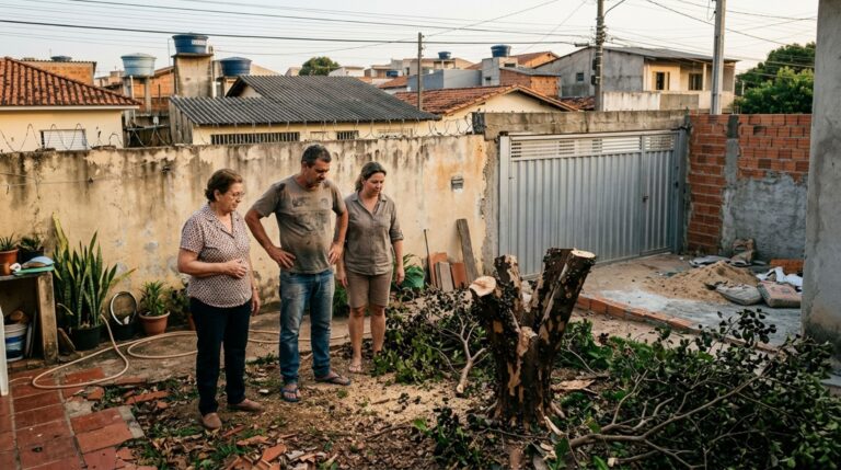 Família passa o fim de semana fora e encontra a jabuticabeira próxima à divisa cortada para ampliar a garagem vizinha, exige reparação e questiona quem autorizou a retirada