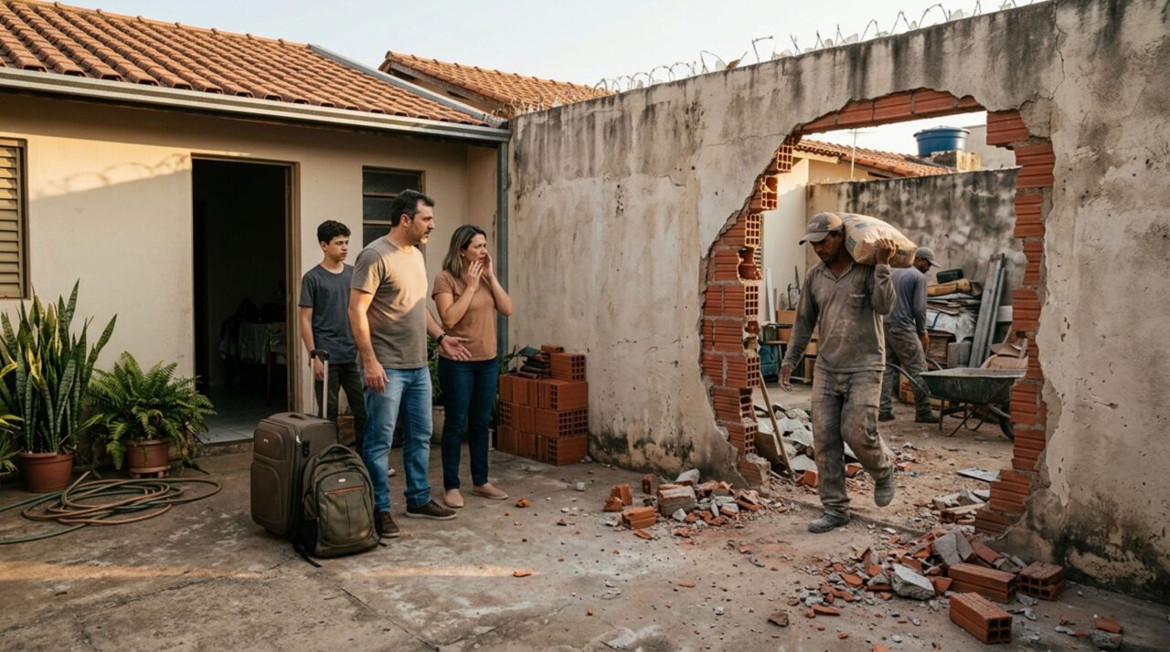 Família volta de viagem e encontra abertura feita pelo vizinho no muro compartilhado para passar materiais da obra, exige fechamento e ouve que o acesso será usado por mais um mês
