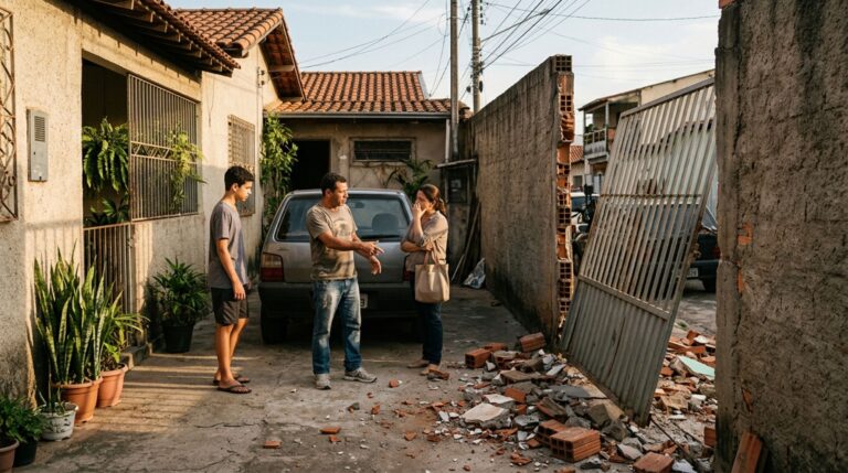Família volta do fim de semana e encontra o portão lateral sem apoio após o vizinho demolir parte do muro, exige reparo e discute quem pagará a reinstalação da estrutura