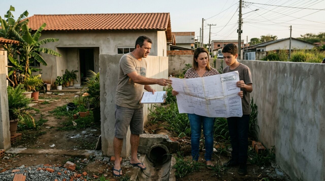 Família termina a casa e instala o muro dos fundos, mas descobre durante a vistoria que fechou uma passagem de drenagem indicada nos documentos do empreendimento