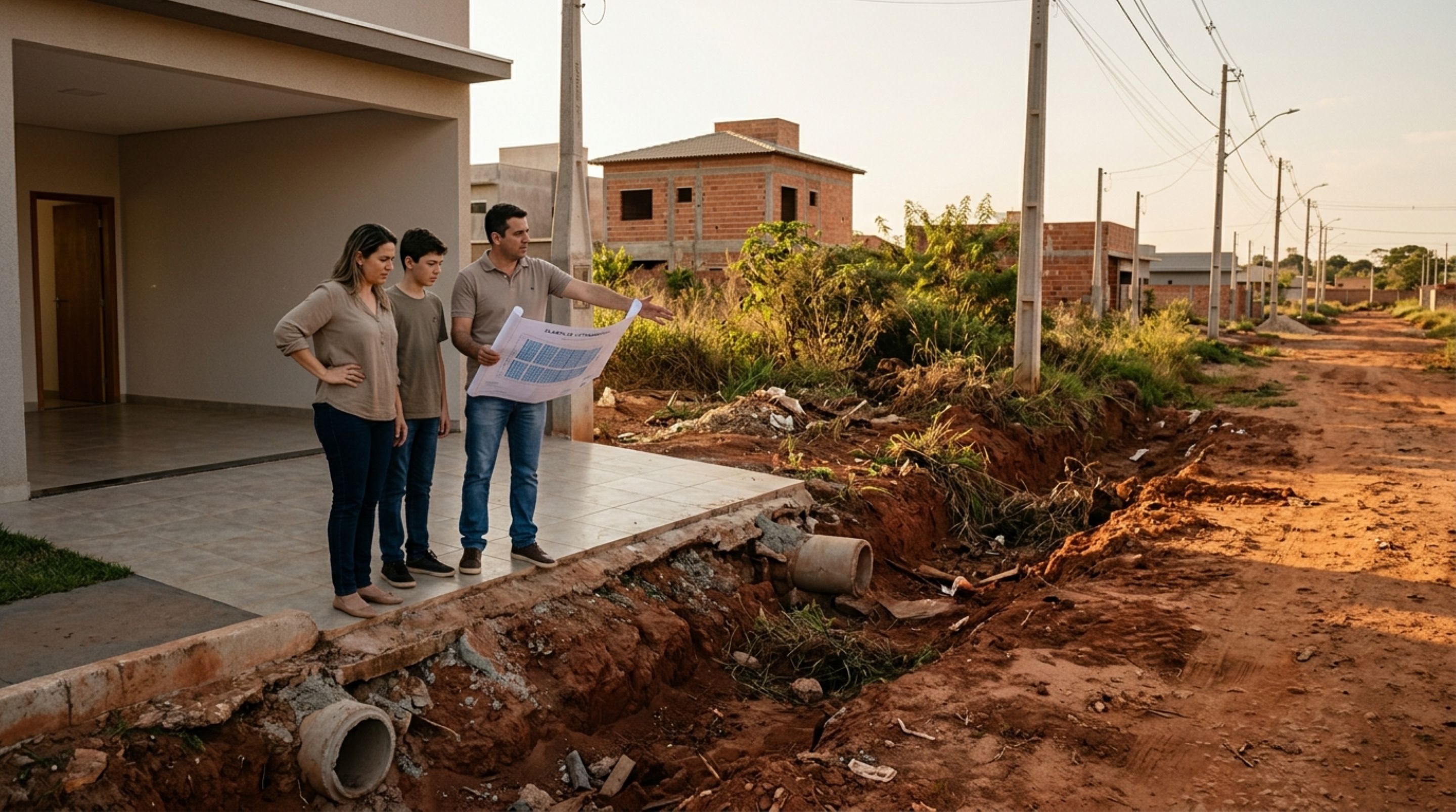 Família compra lote com frente para uma rua desenhada na planta, termina a casa e descobre, ao abrir a garagem, que o trecho ainda não foi implantado e não oferece acesso para carros