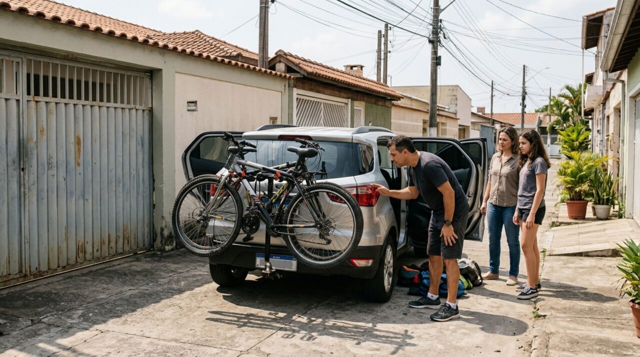 Família transporta bicicletas em um suporte instalado atrás do carro e descobre durante a viagem que a maneira como a placa e as lanternas ficam posicionadas pode trazer problemas na fiscalização