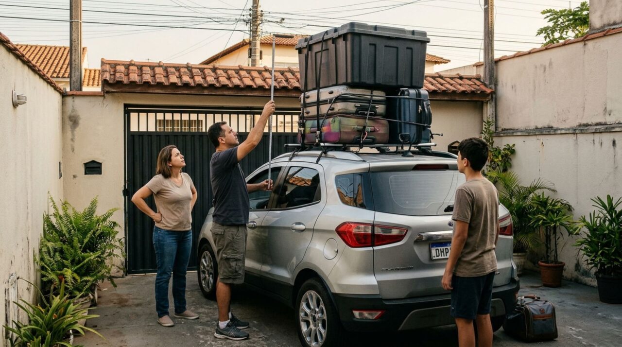 Família prende malas e uma caixa grande sobre o teto do carro para viajar nas férias e descobre que a bagagem externa precisa respeitar regras de fixação, peso e dimensões