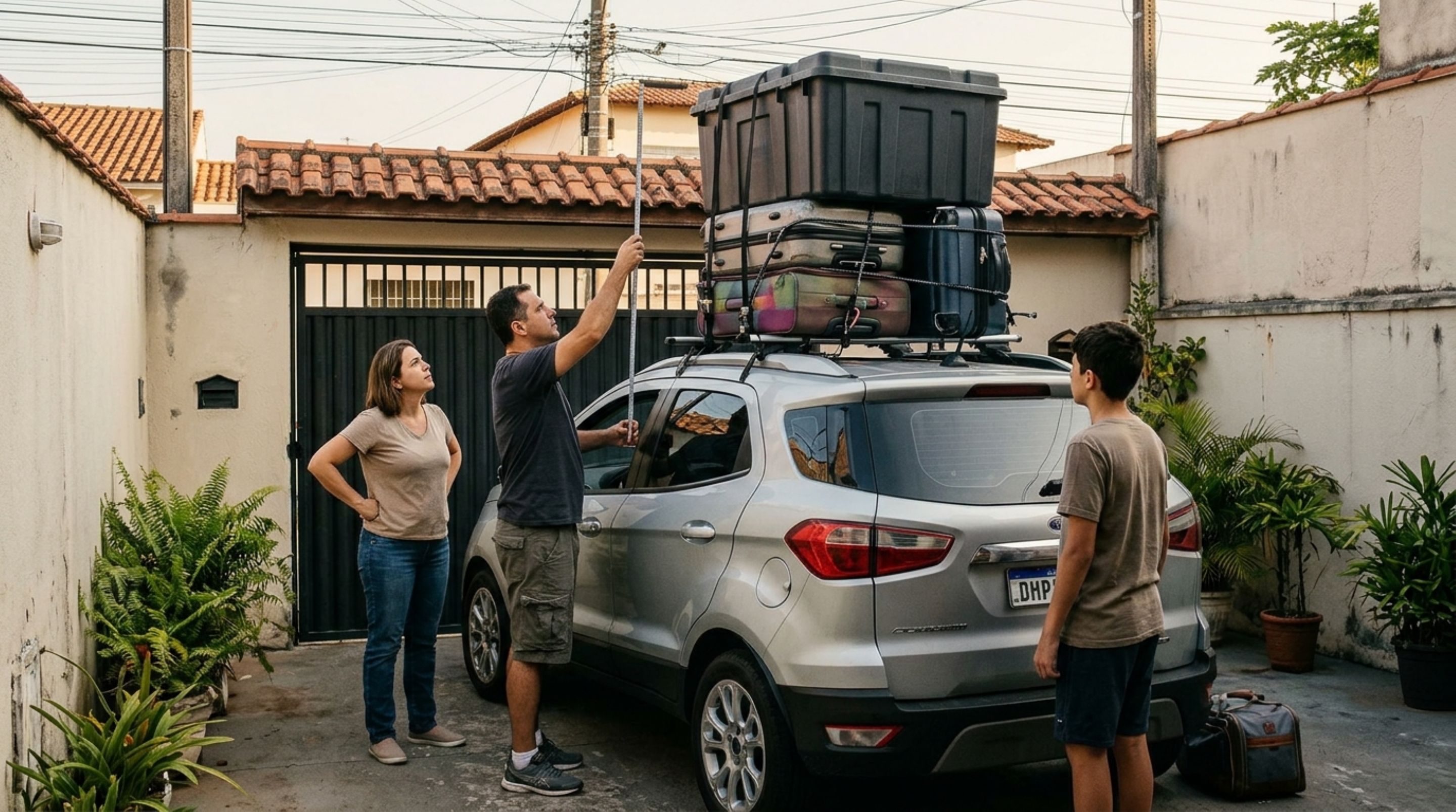 Família prende malas e uma caixa grande sobre o teto do carro para viajar nas férias e descobre que a bagagem externa precisa respeitar regras de fixação, peso e dimensões