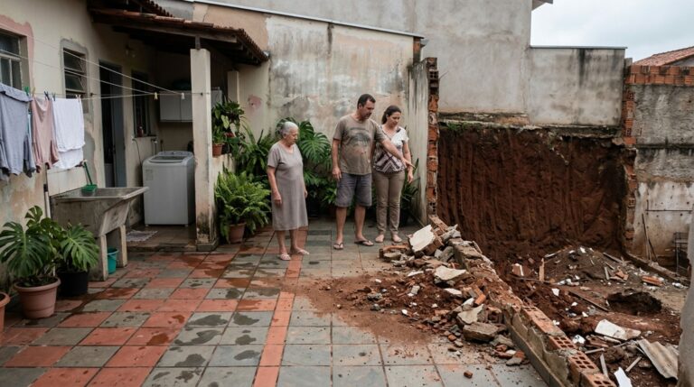 Família encontra o muro dos fundos demolido durante a obra vizinha e descobre que a terra retirada deixou seu quintal sem contenção, exigindo reparo antes do período de chuvas