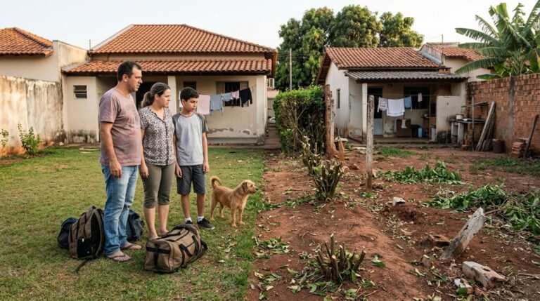 Família volta do feriado e encontra a cerca viva de murta removida junto com a tela que separava os terrenos, exige a reconstrução do fechamento antes de deixar os animais no quintal