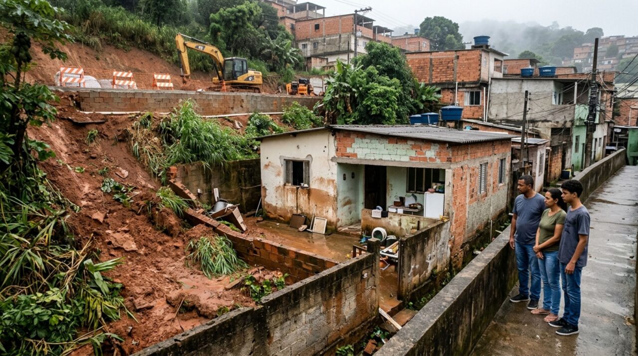 Família tem parte do quintal tomada pela lama depois que uma encosta próxima a uma obra pública desmorona durante a chuva e procura a prefeitura para cobrar os danos causados