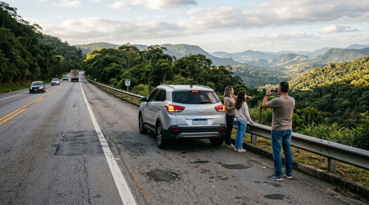Família estaciona no acostamento para fotografar uma paisagem durante a viagem e descobre que ligar o pisca-alerta não transforma o local em área de descanso