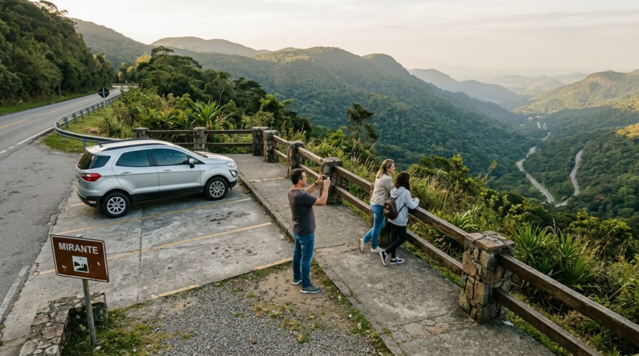Família estaciona no acostamento para fotografar uma paisagem durante a viagem e descobre que ligar o pisca-alerta não transforma o local em área de descanso