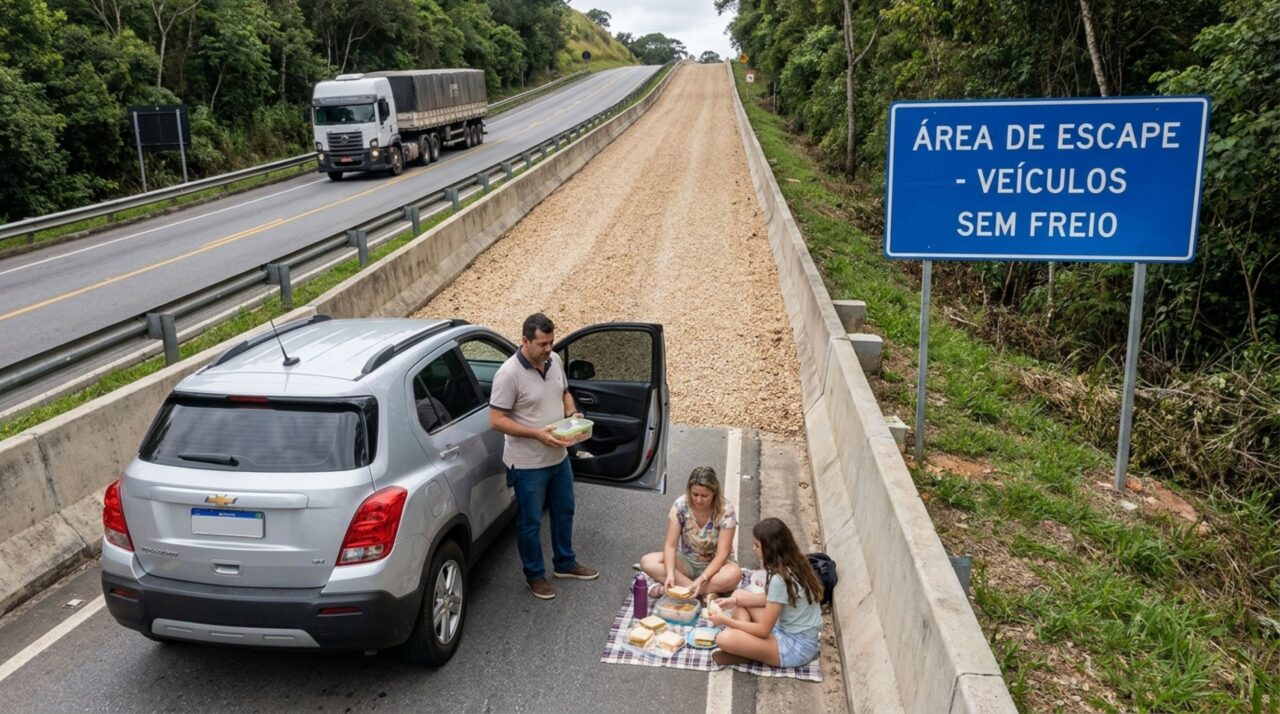 Família estaciona em uma área de escape para fazer um lanche durante a viagem e descobre que aquele espaço não funciona como estacionamento comum
