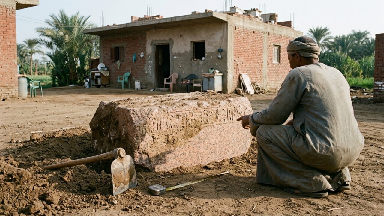 Um morador achou um bloco inscrito no próprio terreno e arqueólogos terminaram diante de duas estátuas colossais de Ramsés II