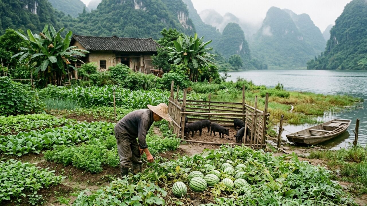 Em ilha isolada, agricultor de 62 anos transforma terra em refúgio autossuficiente com porcos, melancias e ervas medicinais