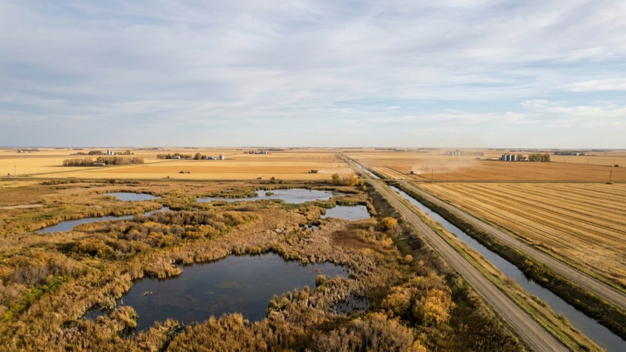 Uma ilha agrícola muda de verde para marrom no meio de um enorme delta e satélites mostram como a colheita transforma a paisagem