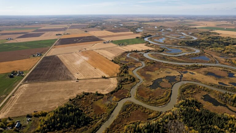 Uma ilha agrícola muda de verde para marrom no meio de um enorme delta e satélites mostram como a colheita transforma a paisagem