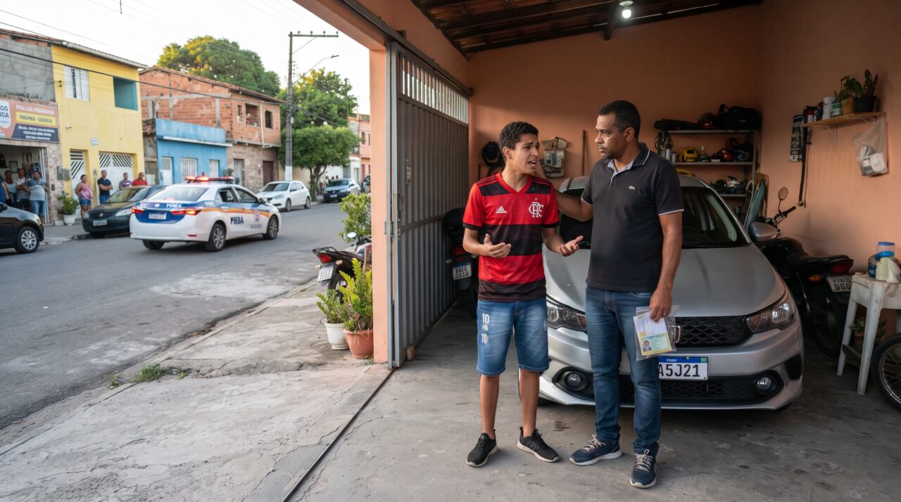 Pai, deixa filho de 16 anos assumir a direção apenas para tirar o carro da rua e guardar na garagem. Viatura passa no momento e aplica duas multas pesadas