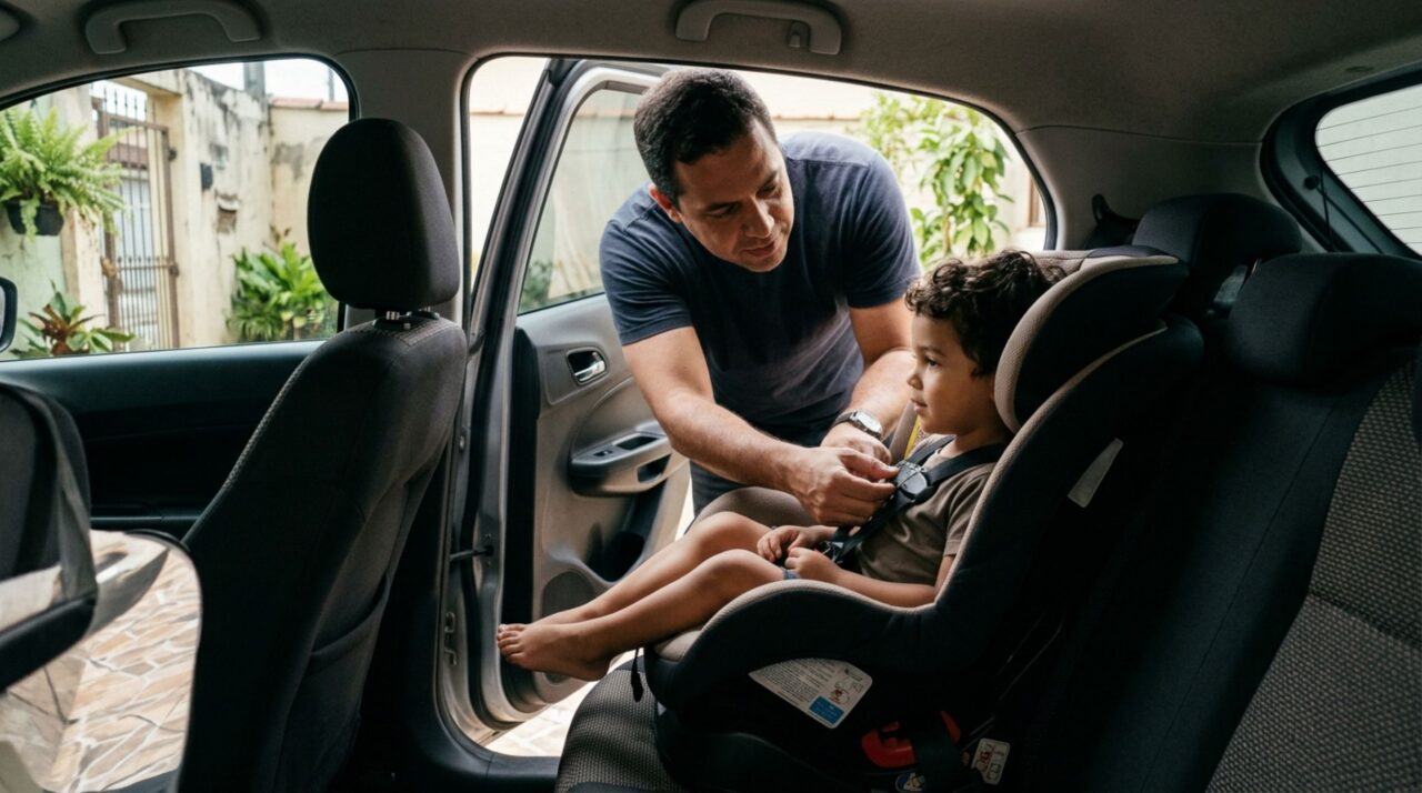 Pai deixa o filho pequeno sentar em seu colo para movimentar o carro por poucos metros na rua, acredita que a distância elimina o risco e descobre como funcionam as exigências de transporte infantil ao ser parado por agentes