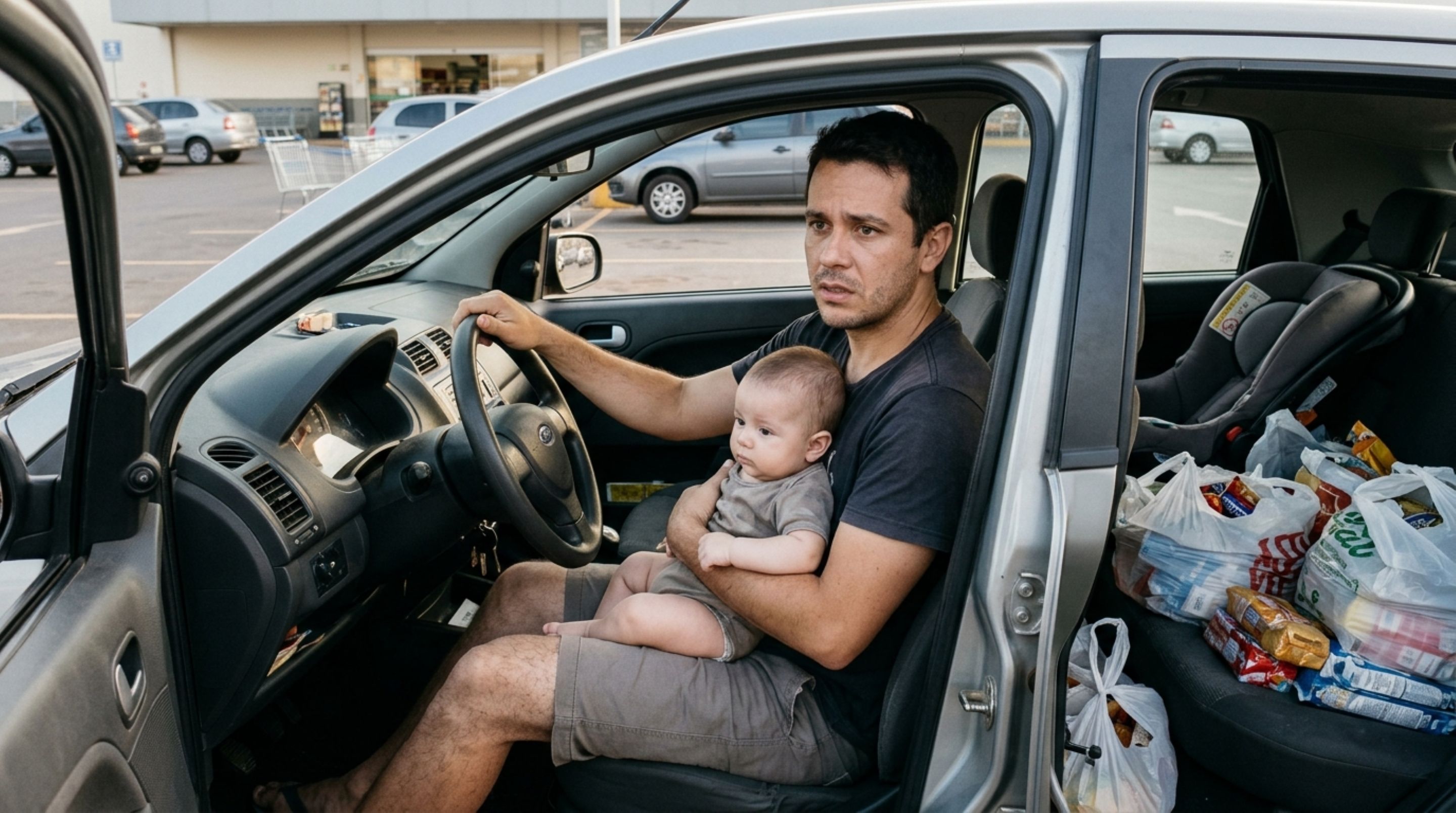 Pai enche cadeirinha de bebê com compras no banco traseiro e leva filho no colo por alguns quilômetros e descobre que transportar uma criança no colo por alguns quarteirões é infração grave, agente explica como funciona a lei da cadeirinha - Foto