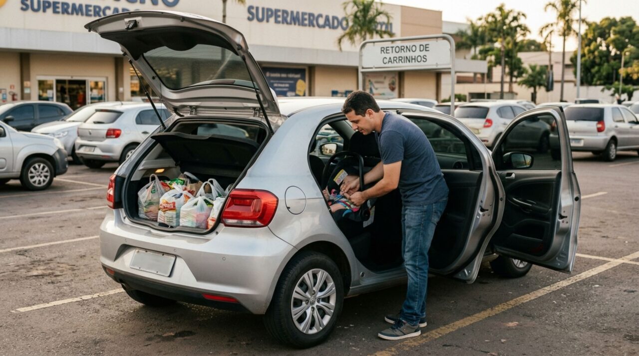Pai enche cadeirinha de bebê com compras no banco traseiro e leva filho no colo por alguns quilômetros e descobre que transportar uma criança no colo por alguns quarteirões é infração grave, agente explica como funciona a lei da cadeirinha