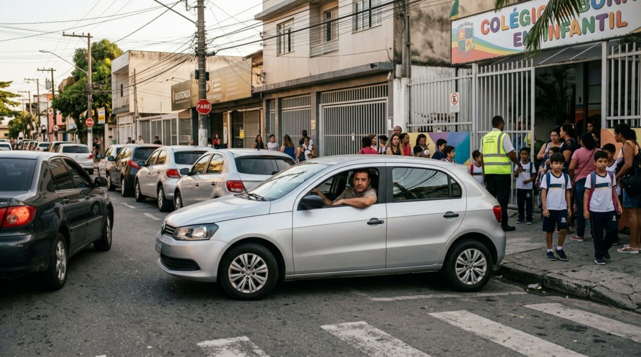 Pai estaciona em fila dupla diante da escola para buscar a filha, acredita que permanecer dentro do carro evita a multa e descobre como a fiscalização diferencia parada rápida de estacionamento irregular