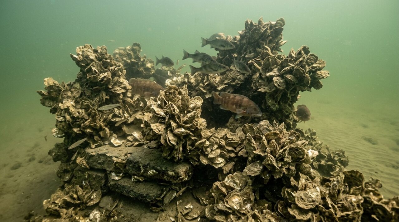 Recifes reconstruídos ficaram anos escondidos na água turva e sonar mostra peixes maiores onde ostras ganharam estrutura de pedra