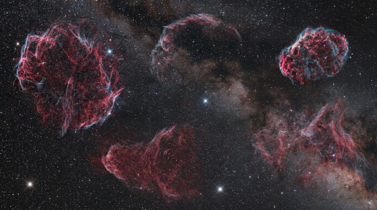 Cinco fantasmas de supernovas apareceram juntos numa imagem: 200 horas de observação revelam cicatrizes estelares espalhadas por uma área enorme do céu