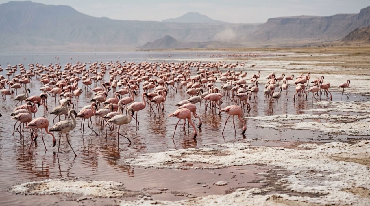 Flamingos-pequenos dependem das comunidades de cianobactérias do Lago Natron para alimentação e reprodução