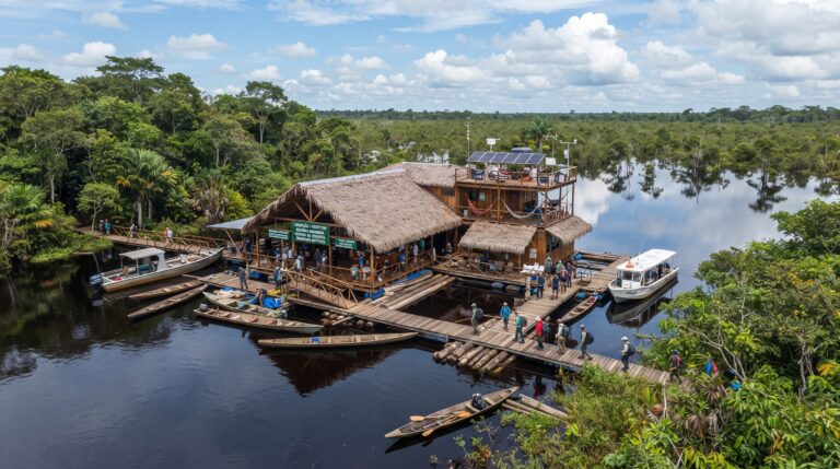 Preservação ambiental e hospedagem flutuante na Reserva Mamirauá em Tefé.