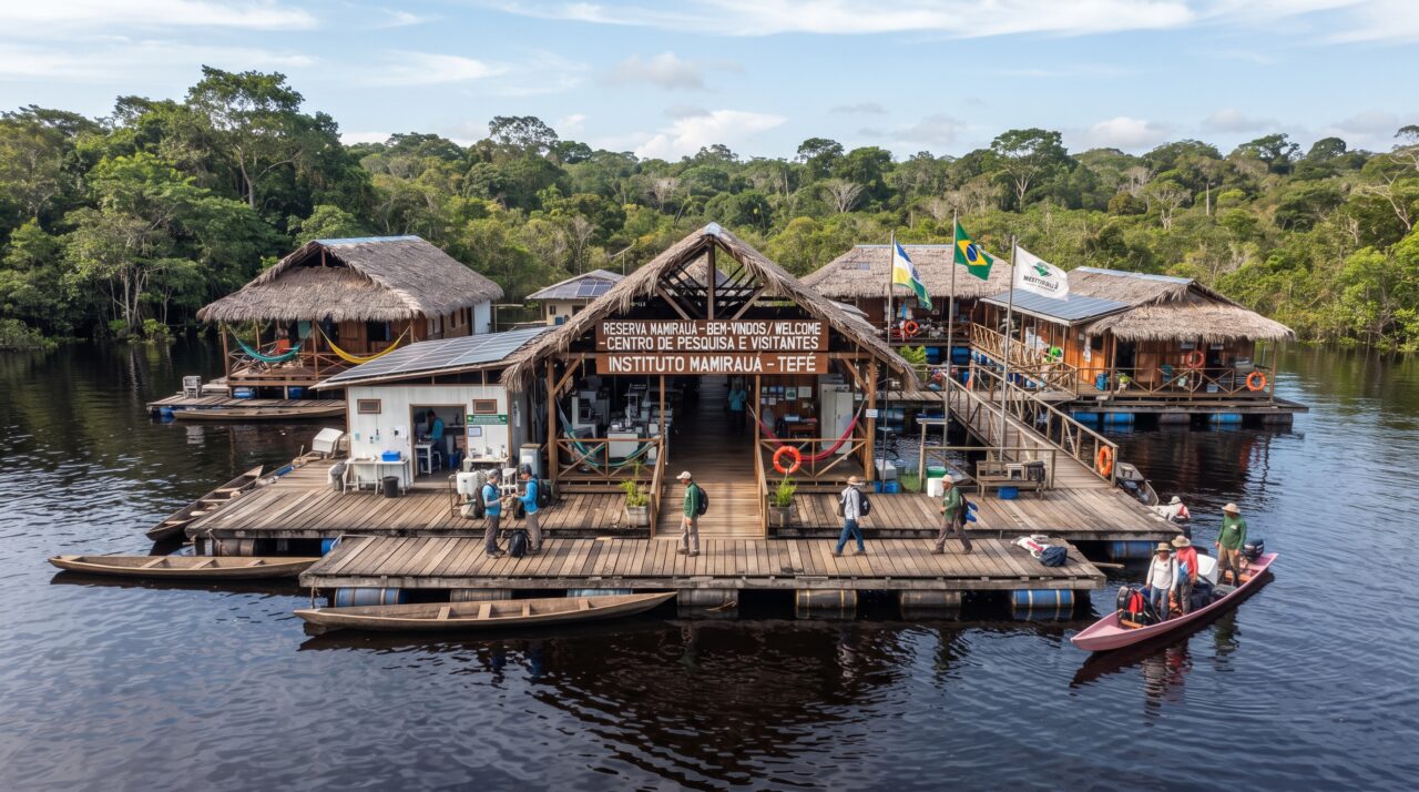 Preservação ambiental e hospedagem flutuante na Reserva Mamirauá em Tefé.