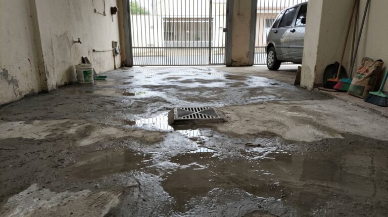 Nova camada de concreto pode alterar o caimento do piso e provocar acúmulo de água na garagem