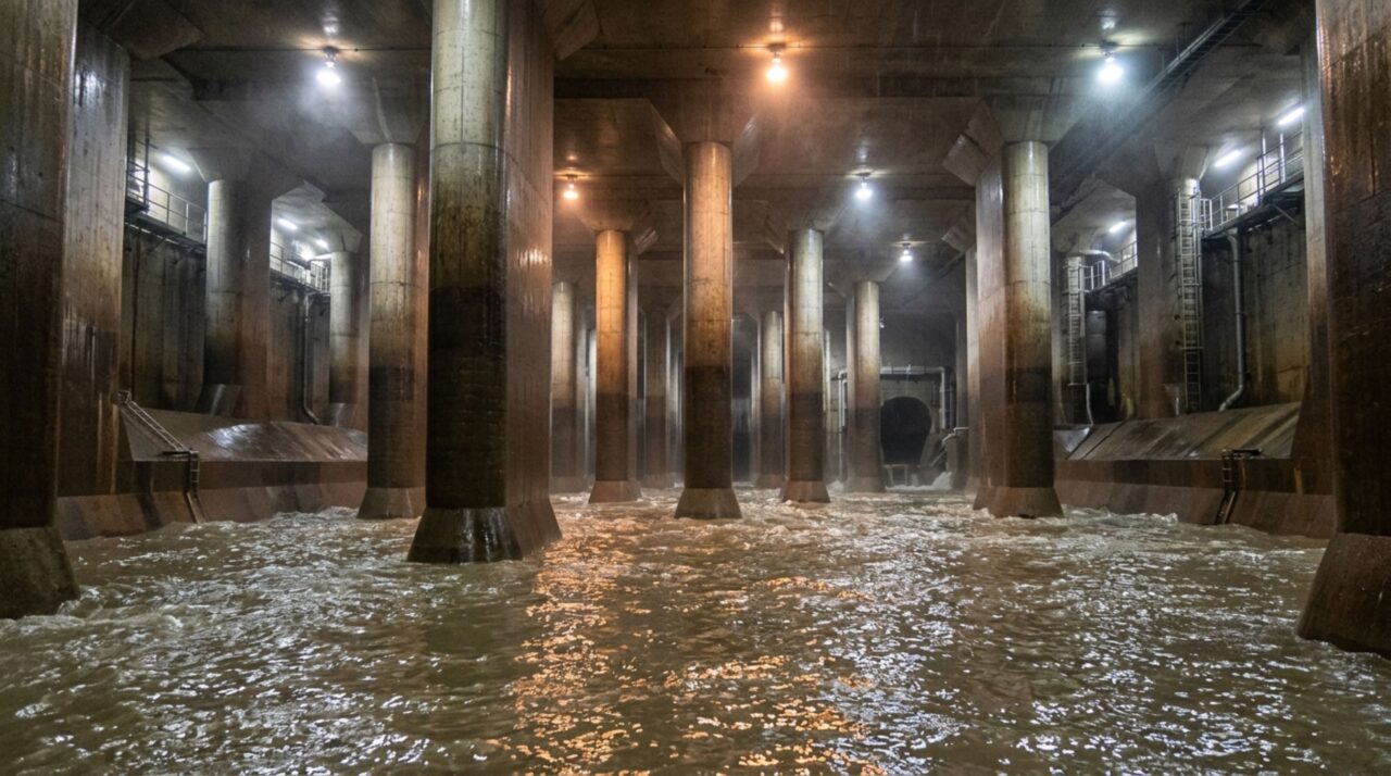Água desviada dos rios atravessa a estrutura subterrânea durante enchentes