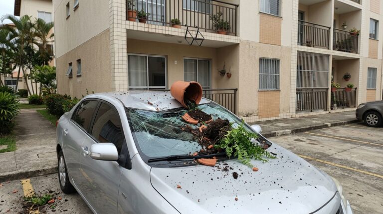 Morador instala vasos de plantas do lado de fora da varanda, um deles cai sobre um carro estacionado, e as câmeras mostram que o suporte já estava solto havia dias, mesmo assim, morador recebe processo e multa do condomínio