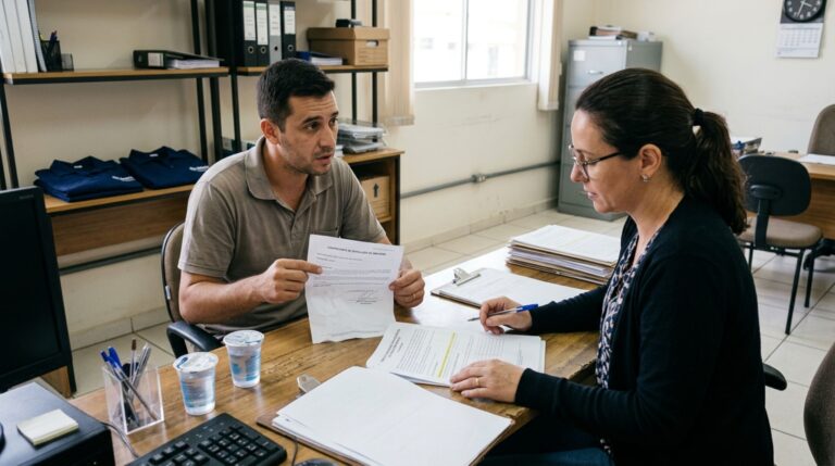 Funcionário entrega o uniforme no último dia de trabalho, encontra uma cobrança pelas peças no acerto da rescisão e procura o departamento pessoal, mas o recibo assinado pelo supervisor mostra que a devolução ocorreu antes do desligamento