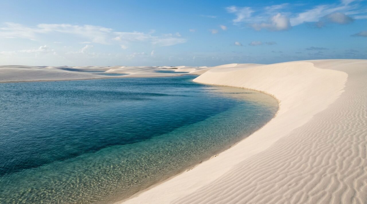 Lagoas sazonais surgem quando as chuvas elevam o lençol freático e acumulam água nas depressões entre as dunas