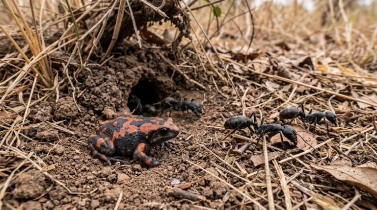 Phrynomantis microps utiliza ninhos de formigas agressivas como refúgio durante períodos secos nas savanas africanas
