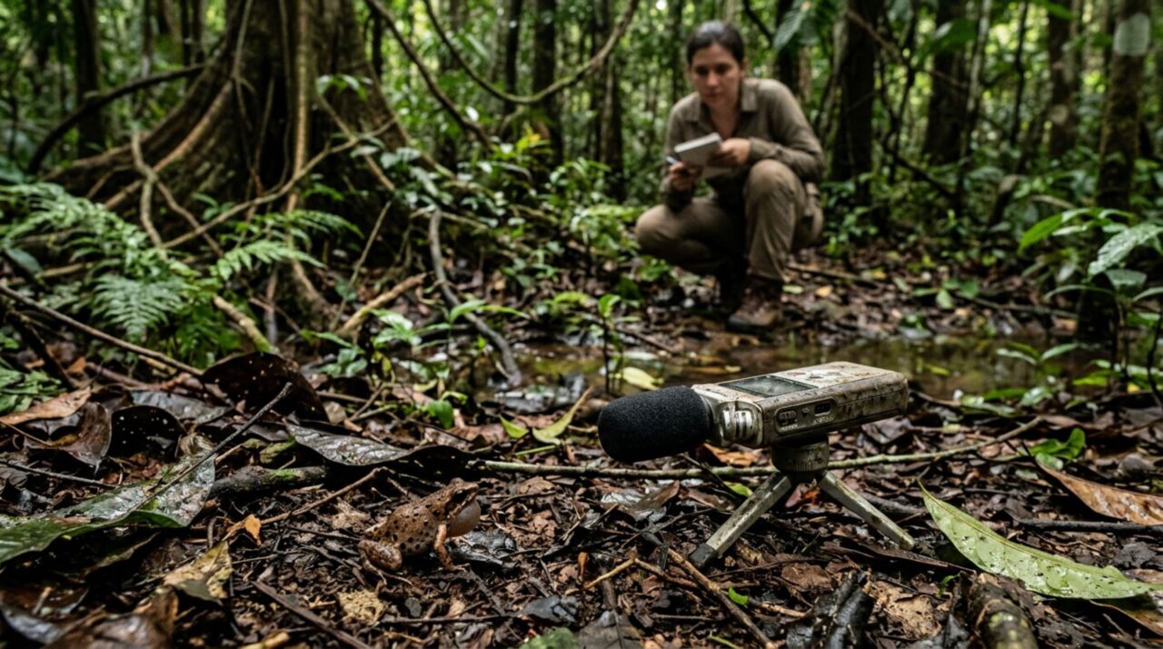 O canto extremamente lento de Adenomera varcena, com apenas uma a cinco notas por minuto, foi fundamental para diferenciá-la de outras pequenas rãs amazônicas