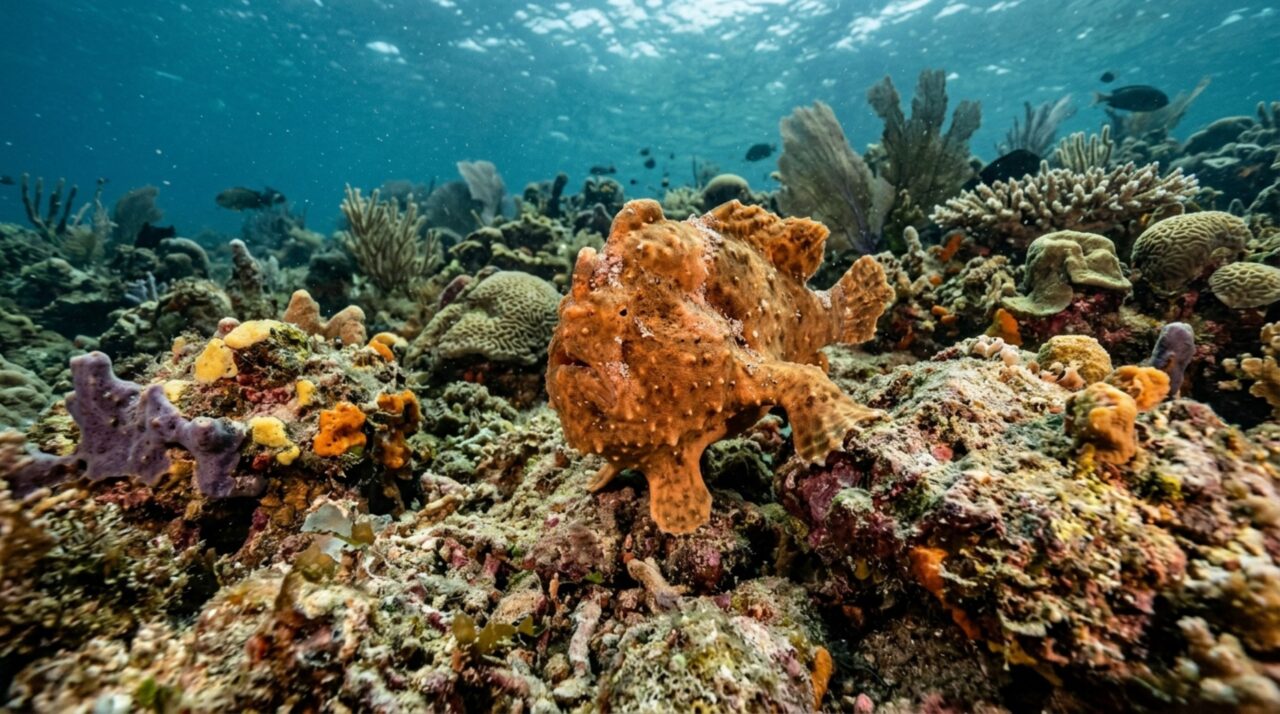Um peixe atravessa o fundo usando nadadeiras como pernas e passos curtos substituem a natação quando ele caça entre pedras
