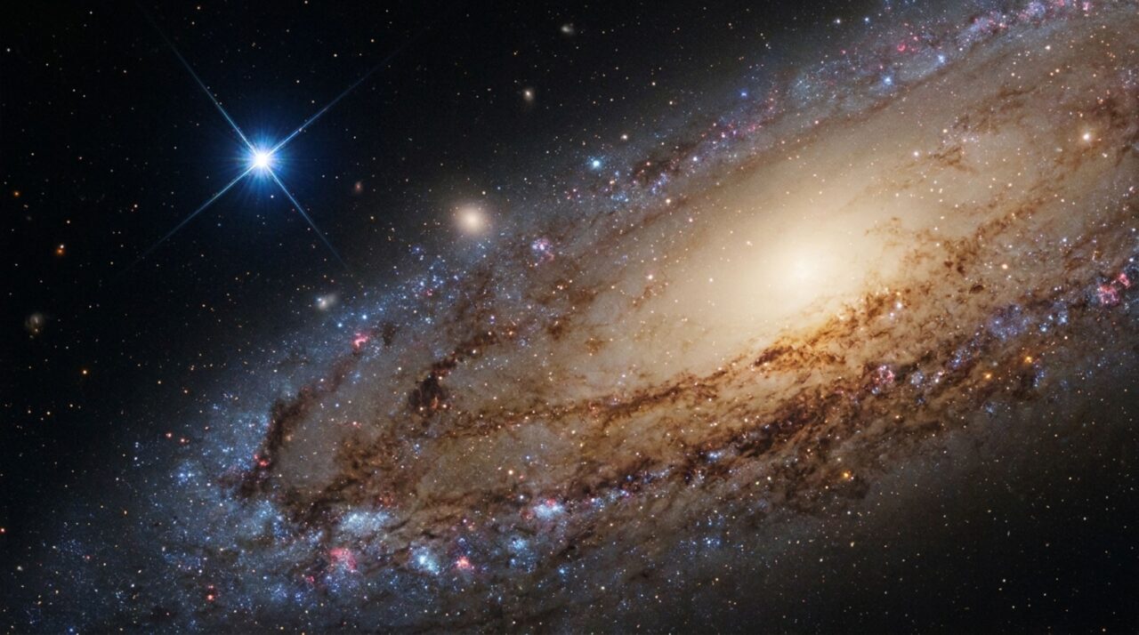 Faixas de poeira atravessam o disco da NGC 1827, enquanto regiões azuladas indicam a presença de estrelas jovens