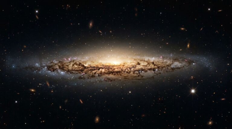 Galáxia NGC 1827 aparece quase de perfil em imagem do Hubble, revelando faixas de poeira e regiões de formação estelar