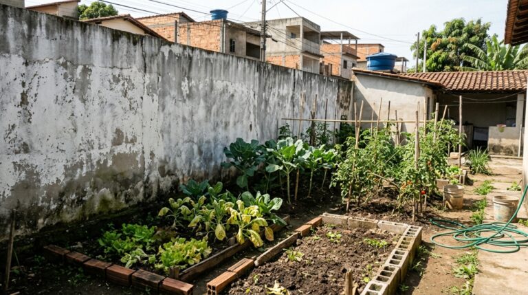 Horta residencial com alfaces, couves e tomateiros parcialmente cobertos pela sombra de um muro divisório de 3 metros de altura.