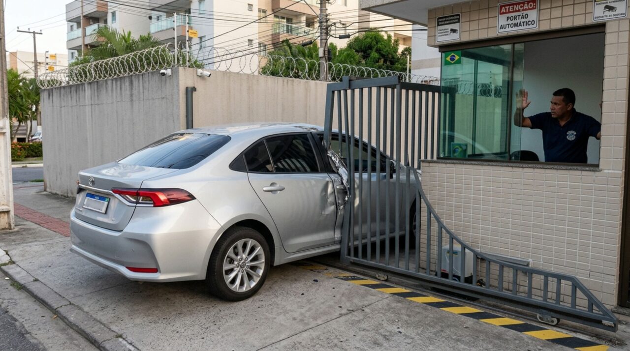 Visitante entra em uma garagem após a liberação do porteiro, tem o teto do carro atingido pelo portão e é acusado de avançar fora de hora, mas a avaliação do equipamento identifica uma falha no sensor usado para detectar veículos durante o fechamento