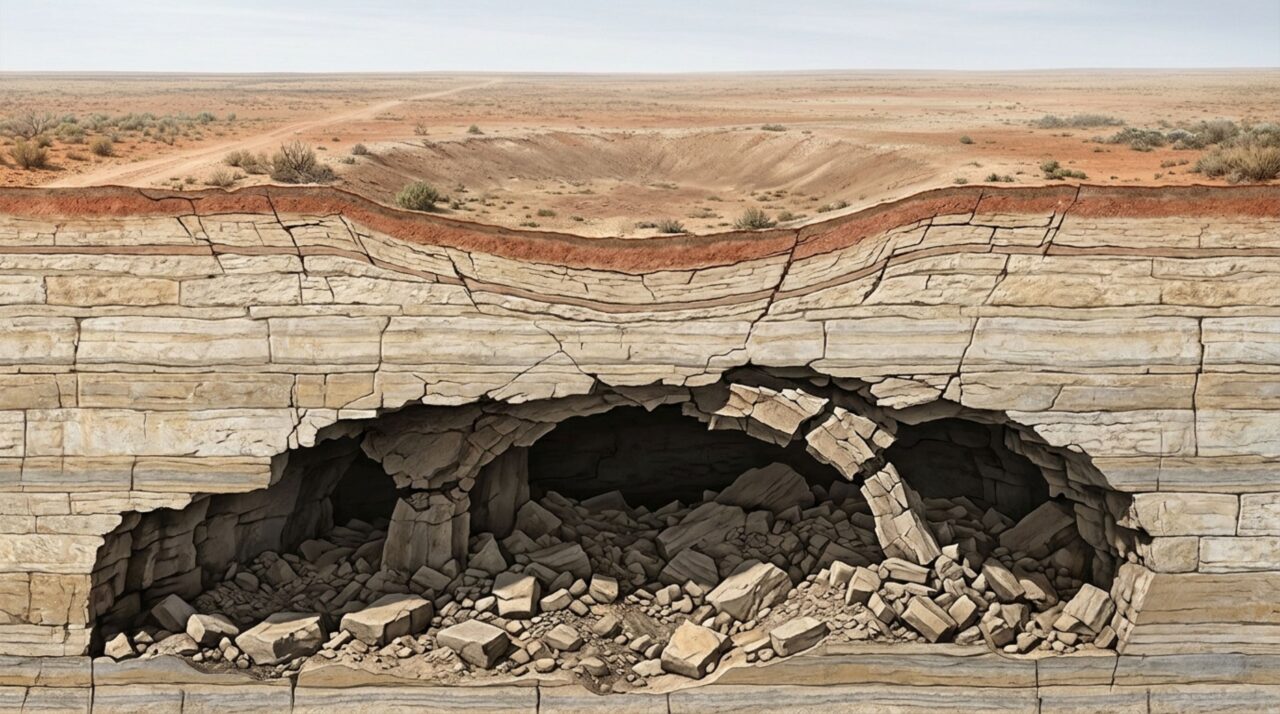 Colapso progressivo de cavernas profundas pode explicar a formação das grandes depressões na superfície de Nullarbor