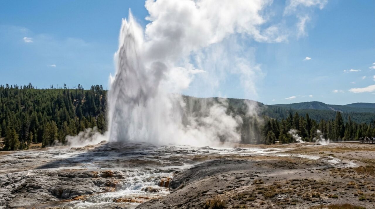 Old Faithful é um dos mais conhecidos entre os mais de 500 gêiseres ativos de Yellowstone