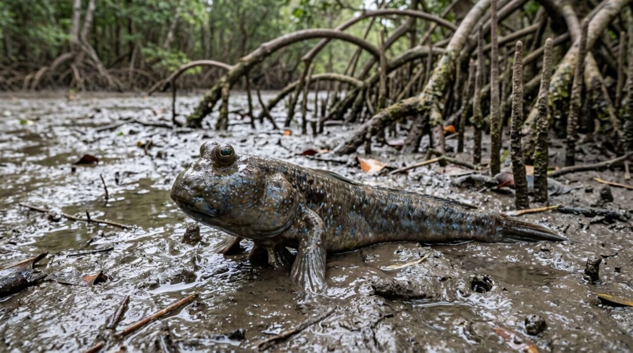 Peixe sai da água e usa lama e tocas como refúgio quando a maré recua no mangue