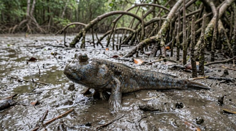 O saltador-do-lodo gigante explora áreas expostas do manguezal respirando ar e deslocando-se sobre o lodo