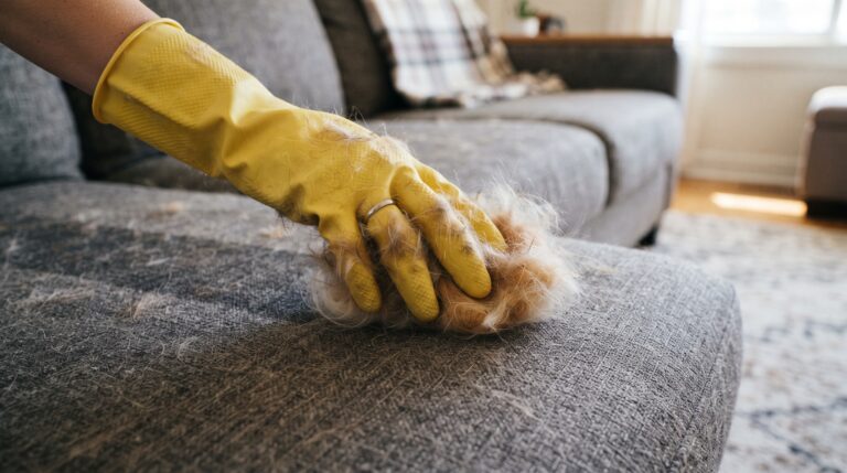 Remoção de pelos de pets no sofá de tecido usando luva de borracha.