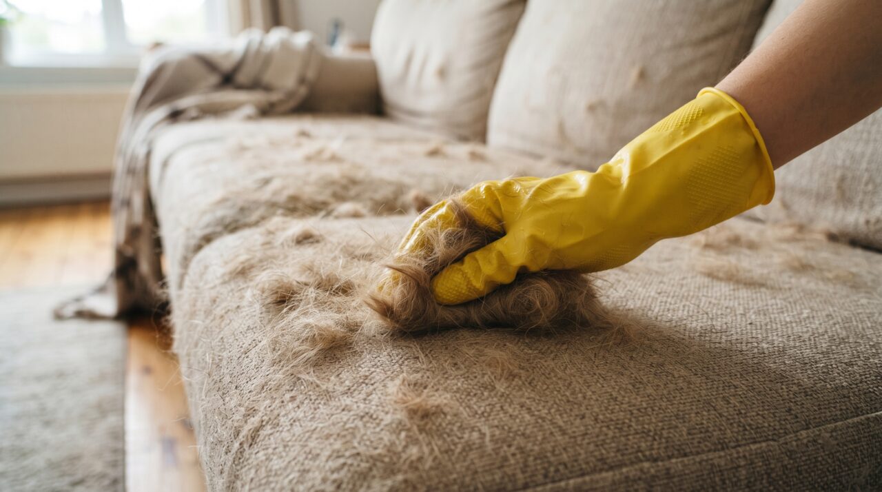 Remoção de pelos de pets no sofá de tecido usando luva de borracha.